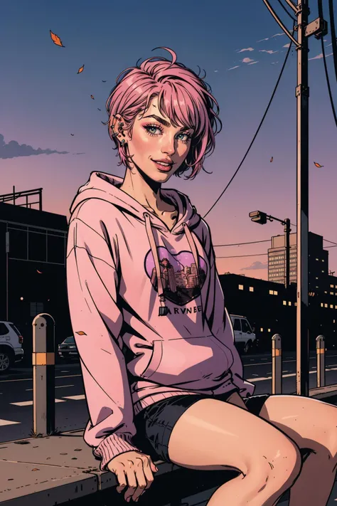 AveTetsuyaTI,((Full front shot)),(best quality),((an extremely delicate and beautiful)), cinematic lighting, (character focus), ((upper body)), a woman, sitting on a bench at bus stop, road sign, with pink hair, (short hair:1.5), inverted bob, (long bangs:1.5), wearing a pink hoodie with random print on the hoodie, smiling when looking at viewer, ((holding an iphone)), parted lips, ahoge, (ear piercing:1.25), sleeves past wrists, floating hair, wind, falling leaves, with a pink lips and purple sky background, sunset, building, city, city lights, cityscape, asphalt, industrial building, billboard, cloud, dusk, evening, gradient sky, light rays, godrays, horizon, palm tree, reflection, scenery, sky, skyline, skyscraper, sunset, tree, twilight,