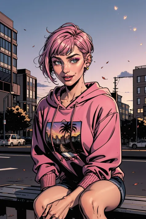 AveTetsuyaTI,((Full front shot)),(best quality),((an extremely delicate and beautiful)), cinematic lighting, (character focus), ((upper body)), a woman, sitting on a bench at bus stop, road sign, with pink hair, (short hair:1.5), inverted bob, (long bangs:1.5), wearing a pink hoodie with random print on the hoodie, smiling when looking at viewer, ((holding an iphone)), parted lips, ahoge, (ear piercing:1.25), sleeves past wrists, floating hair, wind, falling leaves, with a pink lips and purple sky background, sunset, building, city, city lights, cityscape, asphalt, industrial building, billboard, cloud, dusk, evening, gradient sky, light rays, godrays, horizon, palm tree, reflection, scenery, sky, skyline, skyscraper, sunset, tree, twilight,