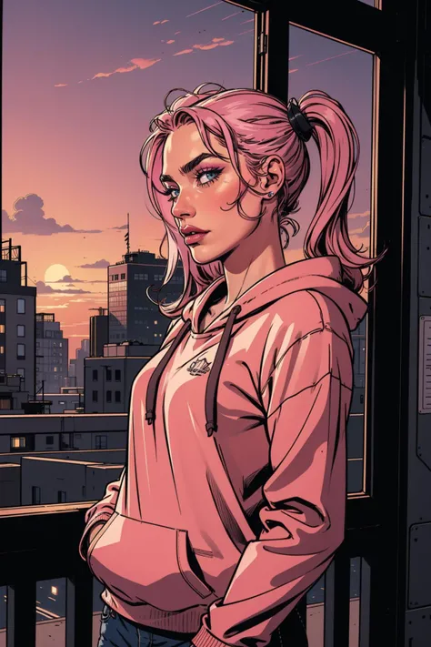 ((Full front shot)),(best quality),((an extremely delicate and beautiful)), cinematic lighting, (character focus), ((upper body)), a woman cara delevigne, standing, with pink hair, twintails, wearing a pink hoodie with a pink lips and purple sky background, sunset, building, city, city lights, cityscape, cloud, dusk, evening, gradient sky, horizon,orange sky, palm tree, reflection, scenery, sky, skyline, skyscraper, sunset, tree, twilight,