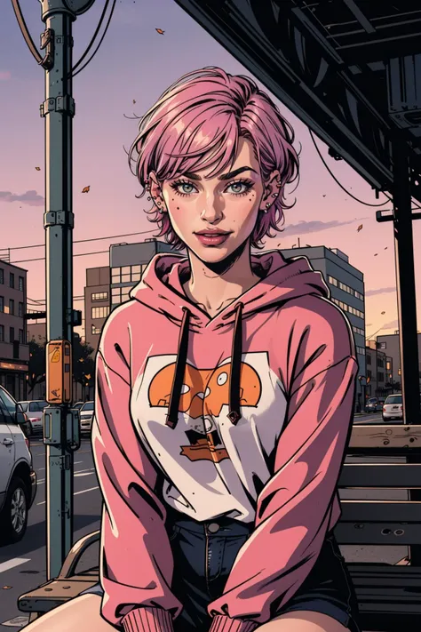 AveTetsuyaTI,((Full front shot)),(best quality),((an extremely delicate and beautiful)), cinematic lighting, (character focus), ((upper body)), a woman, sitting on a bench at bus stop, road sign, with pink hair, (short hair:1.5), inverted bob, (long bangs:1.5), wearing a pink hoodie with random print on the hoodie, smiling when looking at viewer, holding an iphone, parted lips, ahoge, (ear piercing:1.25), sleeves past wrists, floating hair, wind, falling leaves, with a pink lips and purple sky background, sunset, building, city, city lights, cityscape, asphalt, industrial building, billboard, cloud, dusk, evening, gradient sky, light rays, godrays, horizon, palm tree, reflection, scenery, sky, skyline, skyscraper, sunset, tree, twilight,
