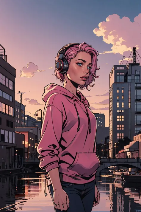 ((Full front shot)),(best quality),((an extremely delicate and beautiful)), cinematic lighting, (character focus), ((upper body)), a woman, AveTetsuyaTI, strolling around the city bustling with various ethnicity of people with pink hair, medium hair, asymmetrical hair, headphones, wearing a pink hoodie with a pink lips and purple sky background, sunset, building, city, city lights, cityscape, industrial building, billboard, cloud, dusk, evening, gradient sky, horizon, palm tree, reflection, scenery, sky, skyline, skyscraper, sunset, tree, twilight,