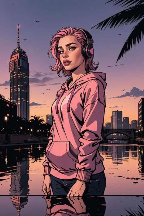 ((Full front shot)),(best quality),((an extremely delicate and beautiful)), cinematic lighting, (character focus), ((upper body)), a woman, standing, with pink hair, medium hair, asymmetrical hair, headphones, wearing a pink hoodie with a pink lips and purple sky background, sunset, building, city, city lights, cityscape, cloud, dusk, evening, gradient sky, horizon,orange sky, palm tree, reflection, scenery, sky, skyline, skyscraper, sunset, tree, twilight,