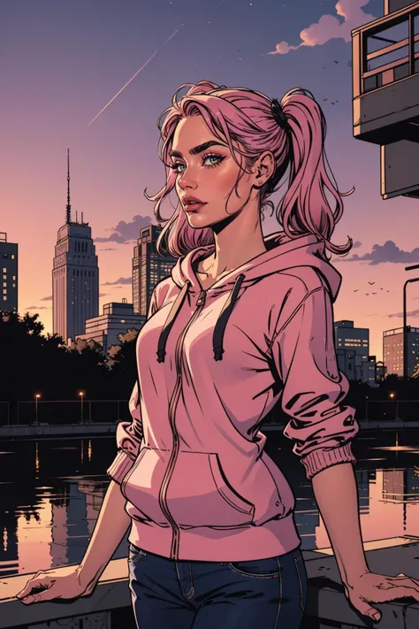 ((Full front shot)),(best quality),((an extremely delicate and beautiful)), cinematic lighting, (character focus), ((upper body)), a woman cara delevigne, standing, with pink hair, twintails, wearing a pink hoodie with a pink lips and purple sky background, sunset, building, city, city lights, cityscape, cloud, dusk, evening, gradient sky, horizon,orange sky, palm tree, reflection, scenery, sky, skyline, skyscraper, sunset, tree, twilight,