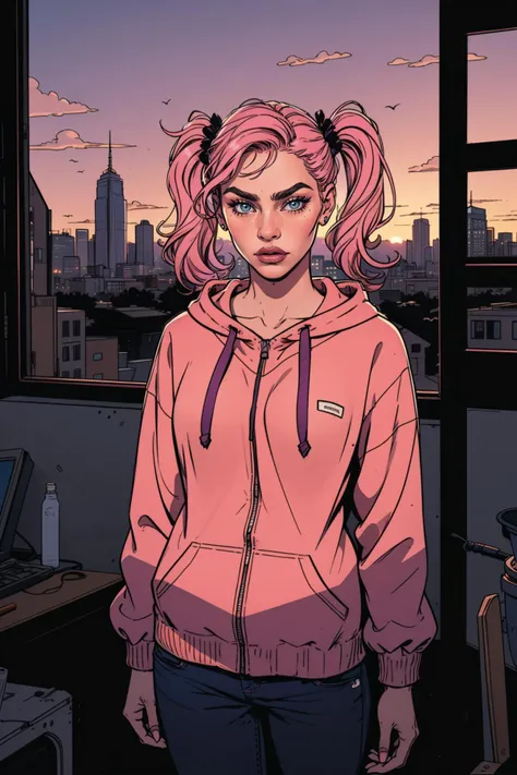 ((Full front shot)),(best quality),((an extremely delicate and beautiful)), cinematic lighting, (character focus), ((upper body)), a woman cara delevigne, standing, with pink hair, twintails, wearing a pink hoodie with a pink lips and purple sky background, sunset, building, city, city lights, cityscape, cloud, dusk, evening, gradient sky, horizon,orange sky, palm tree, reflection, scenery, sky, skyline, skyscraper, sunset, tree, twilight,
