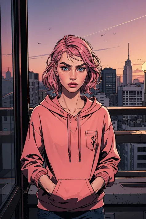 ((Full front shot)),(best quality),((an extremely delicate and beautiful)), cinematic lighting, (character focus), ((upper body)), a woman cara delevigne, standing, with pink hair, medium hair, wearing a pink hoodie with a pink lips and purple sky background, sunset, building, city, city lights, cityscape, cloud, dusk, evening, gradient sky, horizon,orange sky, palm tree, reflection, scenery, sky, skyline, skyscraper, sunset, tree, twilight,
