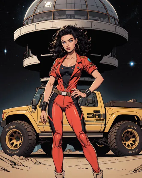 CF_Camila, [fcDetailPortrait, digital illustration, concept art:fantasy art:0.4], cute pose, ([style of Charlie Bowater|style of Alex Maleew]:1.4),  portrait of woman looking at holographic map from device on wrist, high tech form fitting flightsuit standing camera near, distant ((exotic off-road prerunner race truck), (style of ([Giorgetto Giugiaro|Gordon Murray|Horacio Pagani])), skinny waist and long legs with high tech boots, [standing path leading to alien city under glass dome], [alien sky], [magenta cloudy skies], [ringed planet in distance]