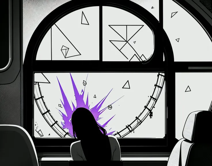 three cornered window, back of head shot of (woman looking out of triangle window:1.1), 3rd person, Looking out the triangular window of a (train:1.1) with triangular windows, triangular windows and triangular, wheels, in a fantasy world,
psychedelic, geometric, vivid light, high contrast, triadic colors, dark shadows, explosions, nuclear mushroom cloud, nuclear explosion, dystopian nightmare,
(beautiful composition),
21 yo woman,