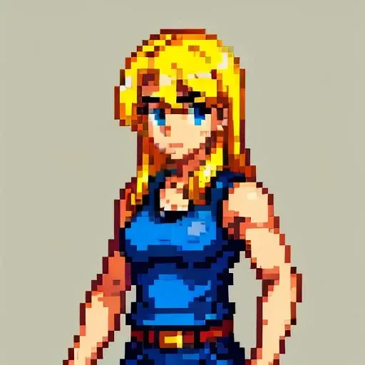 <lora:pixel (11):0.95>,pixel,pixel art,pixelart,xiangsu,xiang su, pretty girl, upper body, tank top, soldier helmet, blonde hair, detailed, sharp, HD, HDR, best quality, best resolution, 2D, colored Graphic Novel illustration, cross hatching, by Phil Noto and Todd Mcfarlane