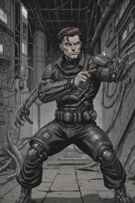 Noir anime male starfighter pilot, biomechanical hackers, expert hackers merged with biotechnology, wired into cyberspace, youth slim, native hawaiian, blue eyes, pointed ears, curved nose, receding chin, blunt jaw, prominent forehead, scars, dark auburn slicked-back undercut hair, cry, thermal adaptation, character stands in a cool, confident pose, unaffected by extreme temperatures due to thermal-regulating enhancements, wearing hyper-threaded utility pants, cybernetic trench coat, virtual reality visor, microchip sling bag ,, martial arts pose, character assumes a martial arts stance, prepared for combat, gritty urban cyberpunk , Noir Style.