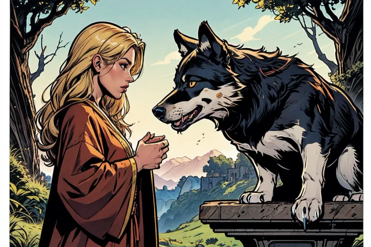 comic artwork, (young girl:1.1) and (wolf:1.1), (looking at each other:1.2), (side pose:1.2), (medium shot:1.2), (beautiful face:1.2), (Fantasy world background:1.2), (motion lines:1.2), (sharp:1.2), (detailed:1.2), (HD:1.2), (HDR:1.2), (8K:1.2), (best quality:1.2), (best resolution:1.2), maximalist, (masterpiece:1.2),
BREAK
(long blonde hair:1.2), wearing (brown robes:1.1), (side view:1.1),
BREAK
BREAK
(Wolf:1.1), (sitting:1.1) on pedestal , (side view:1.1),