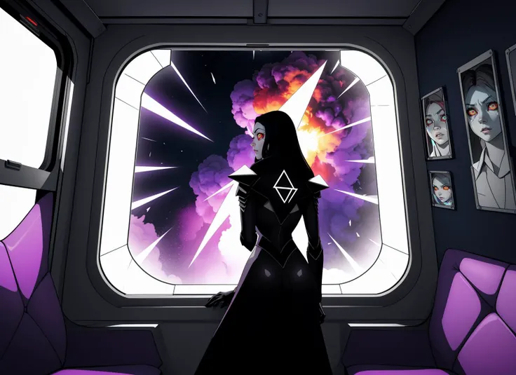 three cornered window, back of head shot of (woman looking out of triangle window:1.1), 3rd person, Looking out the triangular window of a (train:1.1) with triangular windows, triangular windows and triangular, wheels, in a fantasy world,
psychedelic, geometric, vivid light, high contrast, triadic colors, dark shadows, explosions, nuclear mushroom cloud, nuclear explosion, dystopian nightmare,
(beautiful composition),
21 yo woman,
