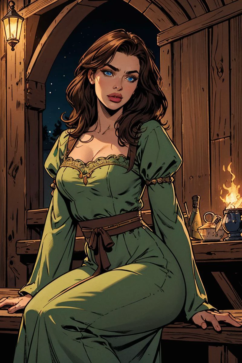 Masterfully detailed extremely realistic digital art of beautiful caucasian woman, hip level shot, sitting hands on lap, fair skin, beautiful face, triangle face, dark blue eyes, eyelashes, pouty lips, long brown hair, green medieval long dress, sleeves, underbust, background medieval tavern at night, torch, shadows