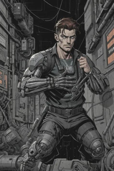 Noir anime male starfighter pilot, biomechanical hackers, expert hackers merged with biotechnology, wired into cyberspace, youth slim, native hawaiian, blue eyes, pointed ears, curved nose, receding chin, blunt jaw, prominent forehead, scars, dark auburn slicked-back undercut hair, cry, thermal adaptation, character stands in a cool, confident pose, unaffected by extreme temperatures due to thermal-regulating enhancements, wearing hyper-threaded utility pants, cybernetic trench coat, virtual reality visor, microchip sling bag ,, martial arts pose, character assumes a martial arts stance, prepared for combat, gritty urban cyberpunk , Noir Style.