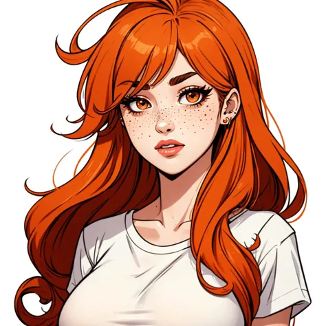(freckles), (brown eyes), 1girl, (long hair), messy hair, (orange hair), ahoge:1.1, (white t-shirt:1.1), (large breasts:1.2), thick eyelashes, long eyelashes, cel shaded, high quality, brown eyes, ((earrings)),