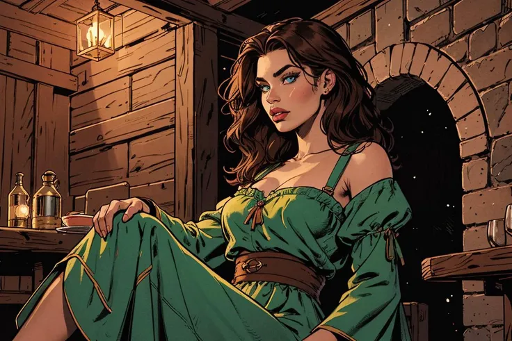 Masterfully detailed extremely realistic digital art of beautiful caucasian woman, hip level shot, sitting hands on lap, fair skin, beautiful face, triangle face, dark blue eyes, eyelashes, pouty lips, long brown hair, green medieval long dress, sleeves, underbust, background medieval tavern at night, torch, shadows