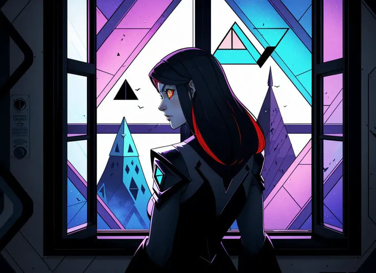 three cornered window, back of head shot of (woman looking out of triangle window:1.1), 3rd person, Looking out the triangular window of a (train:1.1) with triangular windows, triangular windows and triangular, wheels, in a fantasy world,
psychedelic, geometric, vivid light, high contrast, triadic colors, dark shadows, explosions, nuclear mushroom cloud, nuclear explosion, dystopian nightmare,
(beautiful composition),
21 yo woman,