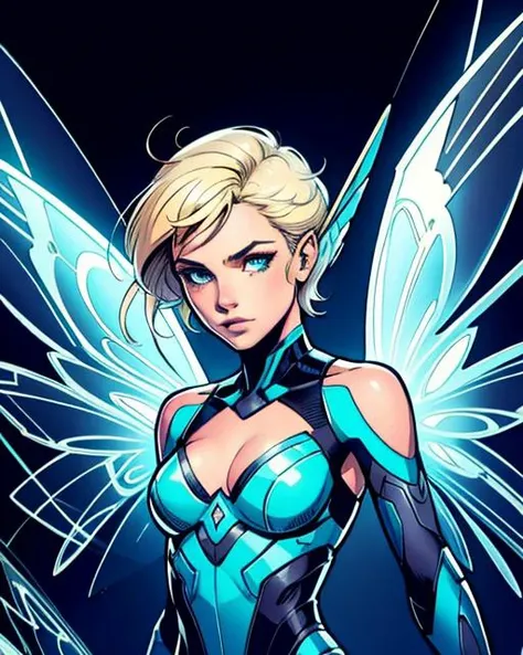 tinker bell, fairy, cute, short blonde hair, wings, cyberpunk, synthwave, futuristic, <lora:TronFashion:0.25>, tronfashion, detailed, sharp, HD, HDR, best quality, best resolution, 2D, colored Graphic Novel illustration, cross hatching, by Phil Noto and Todd Mcfarlane