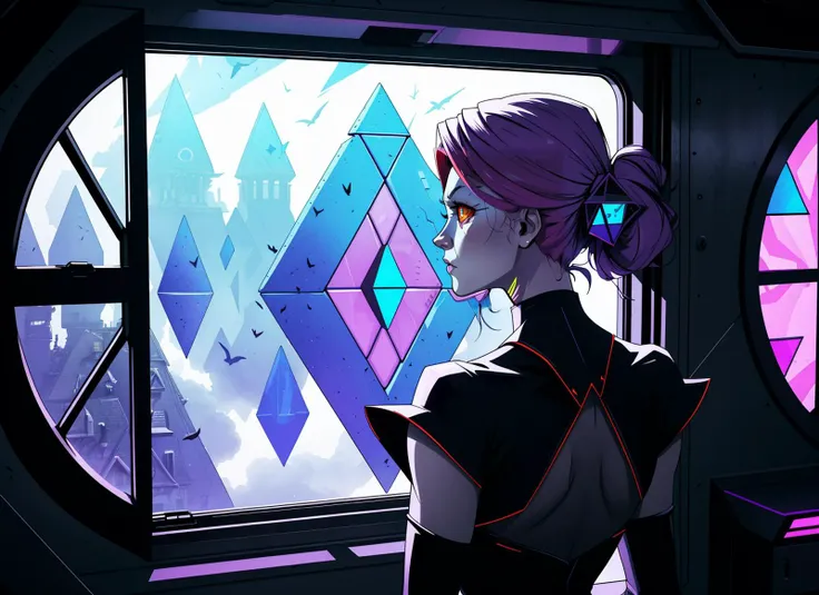 three cornered window, back of head shot of (woman looking out of triangle window:1.1), 3rd person, Looking out the triangular window of a (train:1.1) with triangular windows, triangular windows and triangular, wheels, in a fantasy world,
psychedelic, geometric, vivid light, high contrast, triadic colors, dark shadows, explosions, nuclear mushroom cloud, nuclear explosion, dystopian nightmare,
(beautiful composition),
21 yo woman,
