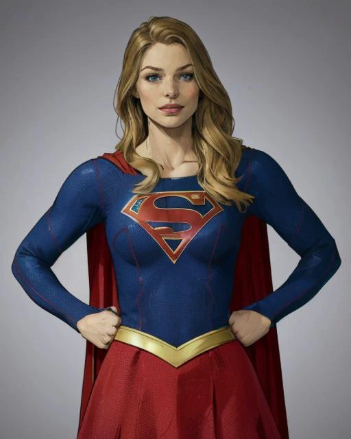 supergirl, blonde hair, heroic pose, blue bodysuit, red skirt, golden belt, cape, smirking, Melissa Benoist, simple background, epic, dynamic, cinematic, Mr_Monster_Possitive, textured cloth, <lora:detail_slider_v4:1.5>, extreme sharp, extreme detailed, HD, HDR, 8K, best quality, best resolution, good quality, good resolution, Focused, Centered, Masterpiece, professional, artstation