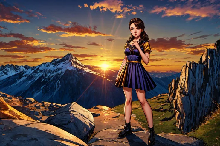 an elegant young woman wearing a tiny short summer dress standing on top of a mountain at sunset, comic style