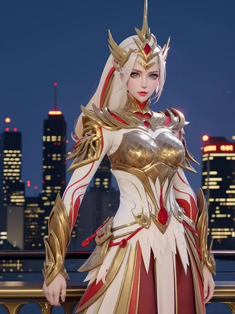 WZRYhuamulanJXSHzj, 1girl, solo, armor,dress, long hair,blue eyes, hair ornament, high ponytail, <lora:WZRYhuamulanJXSHzj:0.75>,cityscape, night, looking at viewer, mature female, hand on hip, cowboy shot,