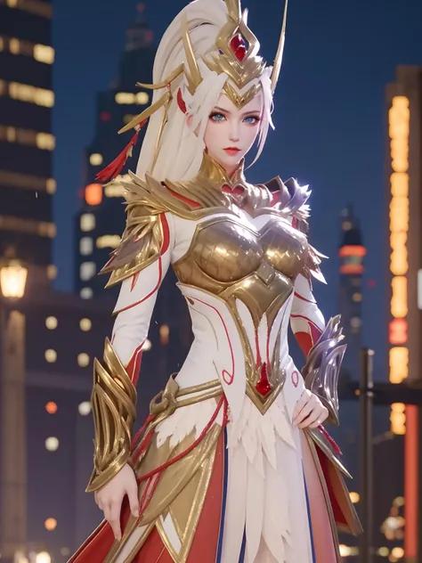 WZRYhuamulanJXSHzj, 1girl, solo, armor,dress, long hair,blue eyes, hair ornament, high ponytail,  <lora:WZRYhuamulanJXSHzj:0.75>,cityscape, night, looking at viewer, mature female, hand on hip, cowboy shot,
