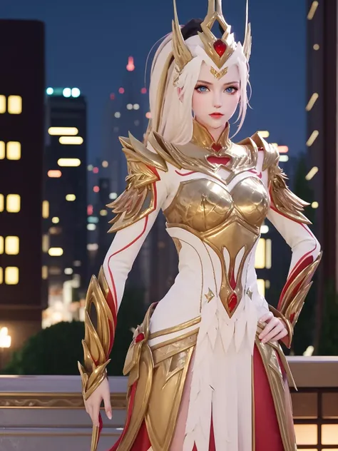 WZRYhuamulanJXSHzj, 1girl, solo, armor,dress, long hair,blue eyes, hair ornament, high ponytail, <lora:WZRYhuamulanJXSHzj:0.75>,cityscape, night, looking at viewer, mature female, hand on hip, cowboy shot,