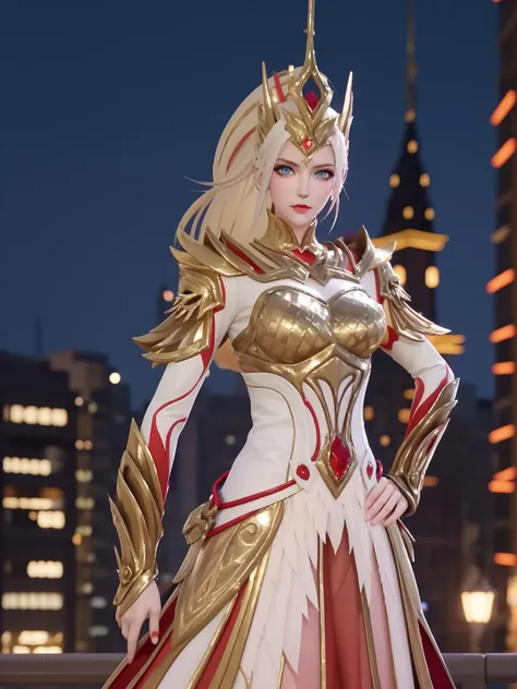WZRYhuamulanJXSHzj, 1girl, solo, armor,dress, long hair,blue eyes, hair ornament, high ponytail, <lora:WZRYhuamulanJXSHzj:0.75>,cityscape, night, looking at viewer, mature female, hand on hip, cowboy shot,