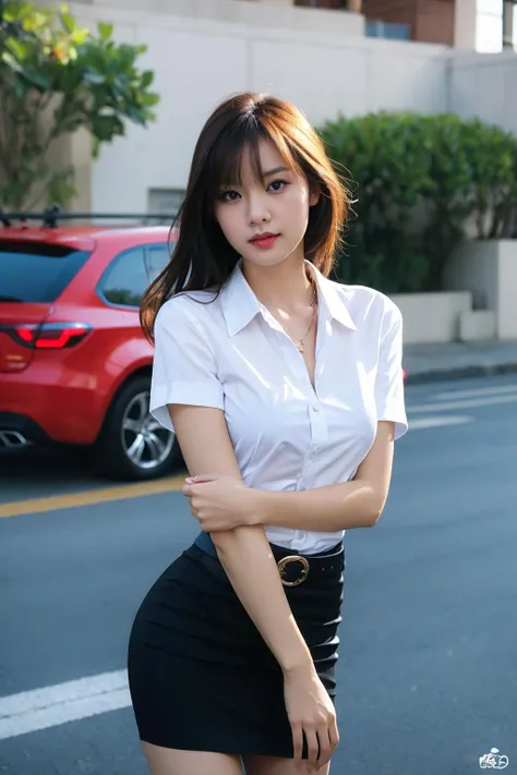 (best quality:1.4), (ultra highres:1.2), (photorealistic:1.4), (8k, RAW photo:1.2),(portrait shot:1.3), iamrachellz, 1girl, solo, long hair, bangs, (mahalaiuniform, white shirt short sleeves, black pencil skirt:1.1), black skirt, (belt:1.1), (tight black cotton skirt:1.3), (tight white cleavage shirt:1.2), (white wide collar shirt:1.25), (white laced cotton bra:1.21), looking at viewer, bokeh, depth of field, <lora:mahalaiuniform:0.3>, <lora:iamrachellz-000003:0.7>