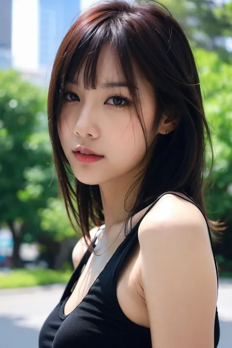 (best quality:1.4), (ultra highres:1.2), (photorealistic:1.4), (8k, RAW photo:1.2),(portrait shot:1.3), iamrachellz, 1girl, solo, long hair, bangs, looking at viewer, black hair, upper body, black eyes, tank top, bokeh, depth of field, <lora:iamrachellz-000003:0.8>