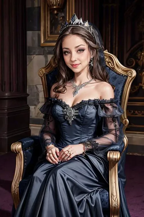 r3myl4cr01x, smirk, queen, off shoulder gown, royal dress, intricate diamond crown, intricate diamond necklace, sitting on a gothic throne, gothic castle interior <lora:add_detail:1> <lora:LowRA:0.3> <lora:r3myl4cr01x:0.8>