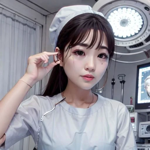 masterpiece,high quality, high resolution,ultra detailed,8k,surgeon,straight hair,two girls,pretty,black surgical gown,light blue gloves,brown short hair,surgical cap,eighteen years ,,standing surrounding the bed,operating room,big surgical lights,heart monitor,many medical devices,from side,steshoscope,(((evil smile,blood on clothes,black latex))),glare at wiewer,blonde