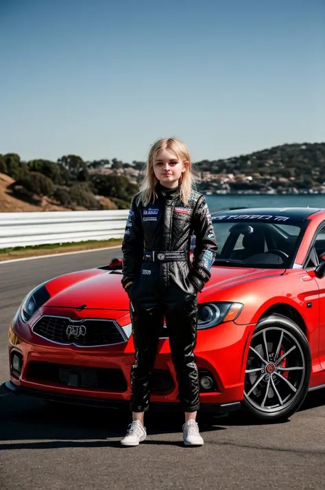 professional photo of tv_Emily_Alyn_Lind_A, , , wearing a full race-car driver suit, standing next to a race-car, winking expression,, 8k resolution, highres, high detail, sharp focus, detailed skin, 8k uhd, bokeh, analog photography