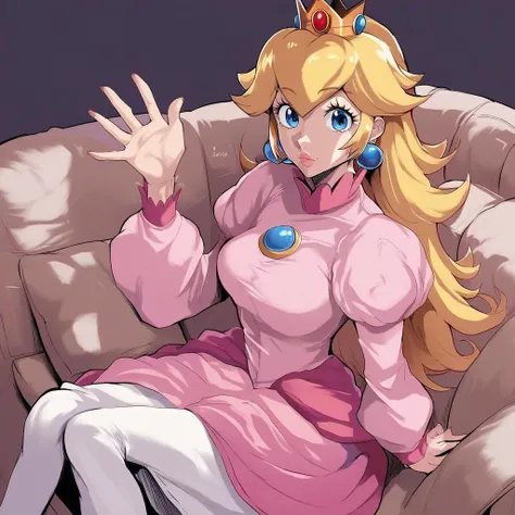 Score_9, Score_8_up, Score_7_up, Score_6_up, Score_5_up, PPuriJet, Source_Anime, Rating_safe, 1girl, sitting on couch, princess peach, waving at viewer,