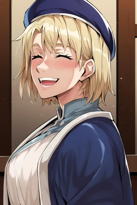 PPuriJet,Jetsmile,<lora:PuriPuri_JET_Style:1>, <lora:dungeon_meshi_falin:1>,falin thorden, blush, short hair, blonde hair,(facing viewer),closed eyes,hat, blue headwear, robe, Score_9, Score_8_up, Score_7_up, Score_6_up, Score_5_up, Score_4_up, BREAK,1girl in full growth, best quality, masterpiece, ultra-detailed, high quality,good quality,1 girl,(master piece,high resolution, ultra detailed,8K,16K),look at viewer