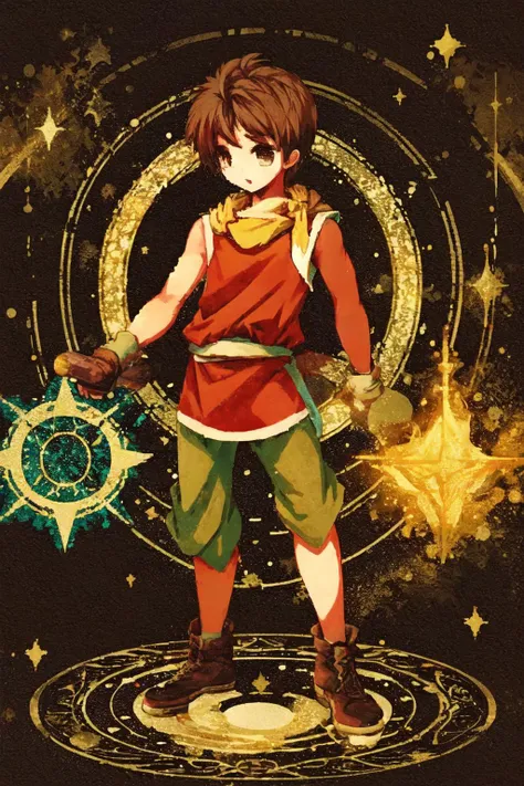 pixelated, 1boy, solo, yellow scarf, red tunic, black pants, brown hair, abstract background,
magic circle, <lora:Riou_Suikoden2V1.6:0.75> <lora:pixelart:0.96>