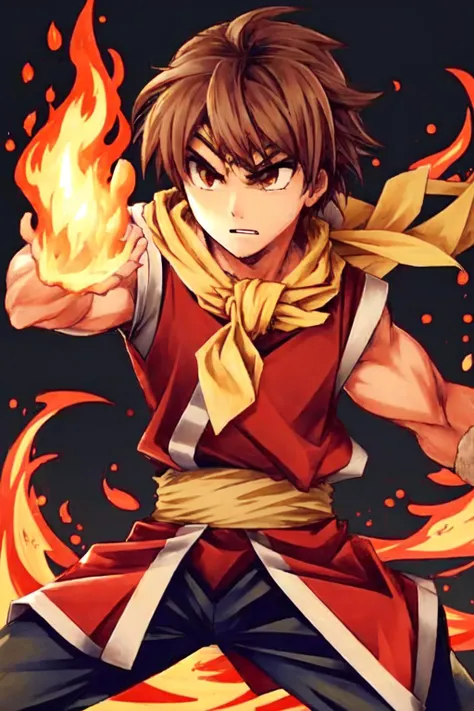 pixelated, 1boy, solo, yellow scarf, red tunic, black pants, brown hair, fighting stance, fire, <lora:Riou_Suikoden2V1.6:0.75> <lora:pixelart:0.8>