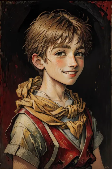 (oil painting \(medium\):1,2),  vincent van gogh \(style\), portrait, 1boy, solo,  yellow scarf, red tunic,  light smile,  abstract background, <lora:Riou_Suikoden2V1.6:0.95>