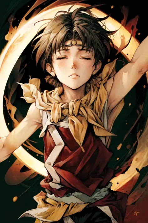 RiouSuikoden,1boy, solo, yellow scarf, red tunic, black pants, outstretched arms, arms up, closed eyes, abstract background, facing viewer, magic, light swirling, abstract, magic circle, green and white theme, <lora:Riou_Suikoden2V1.6:1>