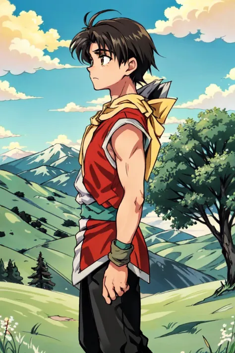 cartoon,landscape, RiouSuikoden,1boy, solo,  yellow scarf, red tunic, black pants, ( standing next to a tree), grass field, tree, wind,  looking to the side, city, mountains, clouds, valley, sky, sunbeam,  <lora:Riou_Suikoden2V1.6:1.0>