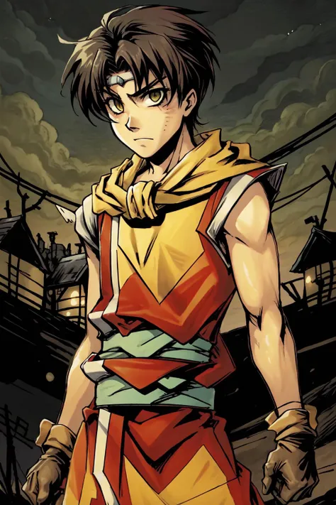 comic style, thick outline, RiouSuikoden,1boy, solo, yellow scarf, red tunic, black pants, creepy village in the background, dark atmosphere, <lora:Riou_Suikoden2V1.6:0.9>