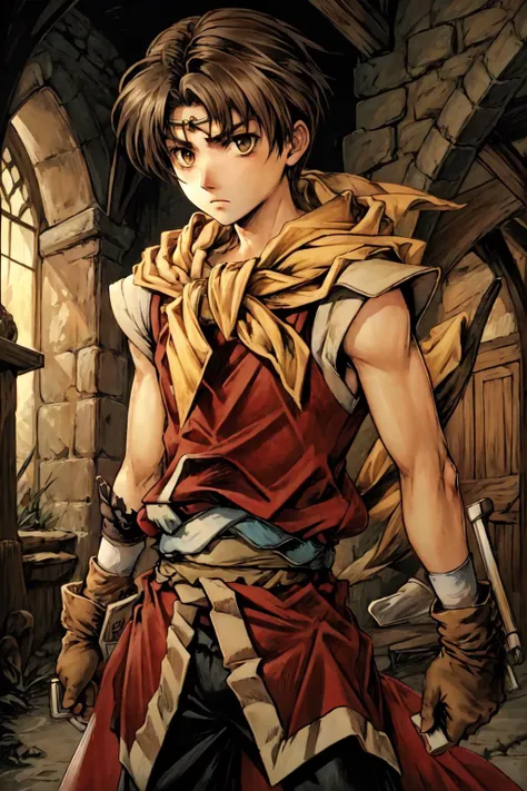 RiouSuikoden,1boy, solo, yellow scarf, red tunic, black pants, serious look, inside a medieval castle, torch, <lora:Riou_Suikoden2V1.6:1>