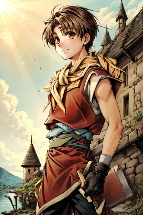 RiouSuikoden,1boy, solo, yellow scarf, red tunic, black pants, standing in front of a medieval castle, happy, island, sunlight, <lora:Riou_Suikoden2V1.6:1>