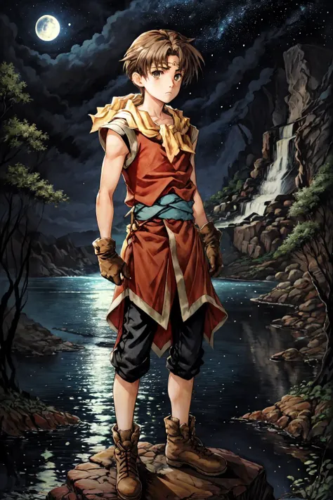 RiouSuikoden,1boy, solo, yellow scarf, red tunic, black pants, standing on a rocky cliff, night sky, moon, (waterfall:1.2), moon, starry sky, serious look <lora:Riou_Suikoden2V1.6:1>