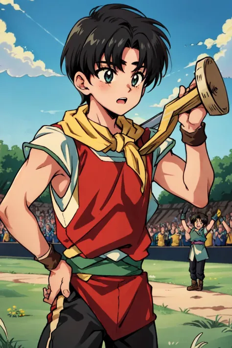 cartoon, RiouSuikoden,1boy, solo, yellow scarf, red tunic, black pants, leading an army, grass, sky, cheering, multiple others, 6+boys, 6+others, <lora:Riou_Suikoden2V1.6:0.9>
