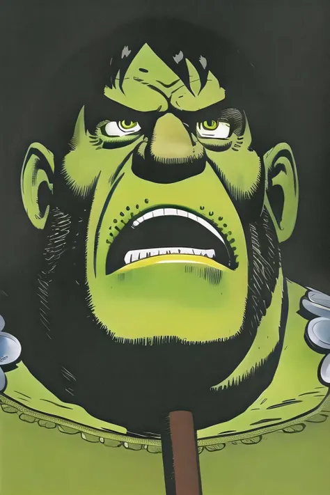 cartoon, ogre, green skin, black hair, battle axe, looking at viewer, simple background <lora:halfoster2:1.0> half0ster
