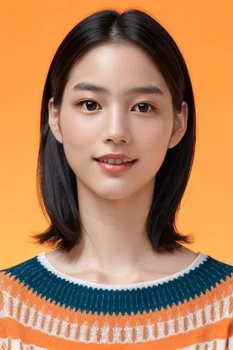((masterpiece)),1girl,(((upper_body))),bust shot,RAW photo,front view,smile,((detailed face)),(detailed eyes:0.7),photo realistic,(looking at viewer:1.5),standing,
<lora:nonv01-000008:0.8>,nounen,light orange background,simple background,black eyes,fair skin,(pale skin:0.9),(messy hair:2.4),
(collarbonea:1.2),(over sized low gauge sweater:1.4),(a geometric patterned sweater),(((multi colored sweater))),high brand cloth,((Crew neck)),(makeup:0.6),