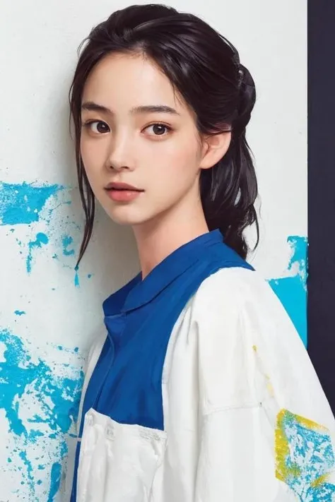 masterpiece,(oil painting:1.5),1girl,photo realistic,(cowboy shot:1.5),standing in front of wall,((wall paint)),feature,<lora:nonv01-000008>,nounen,((detailed face)),hair bun,((coverall work clothes)),over sized clothes,
(splash, brushwork on the wall:1.5),((abstract art)),( fusion of limited color, maximalism artstyle, geometric artstyle),((installation art)),