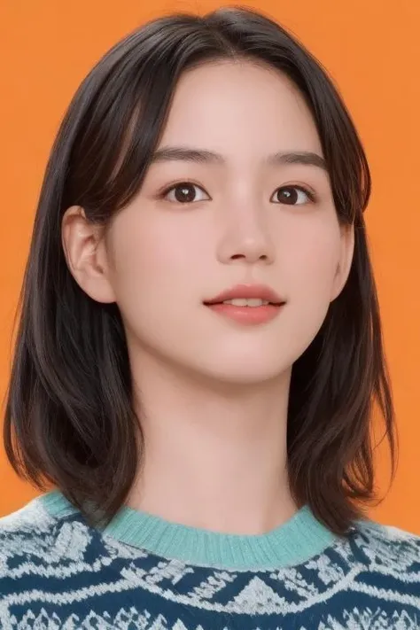 ((masterpiece)),1girl,(((upper_body))),bust shot,RAW photo,front view,smile,(detailed face:0.6),(detailed eyes:0.7),photo realistic,(looking at viewer:1.5),standing,
<lora:nonv01-000008:0.77>,nounen,light orange background,simple background,black eyes,(forehead:1.5),fair skin,(pale skin:0.9),(messy hair:2.4),
(collarbonea:1.2),(over sized low gauge sweater:1.4),a geometric patterned sweater,((multi colored sweater)),high brand cloth,((Crew neck)),(makeup:0.6),