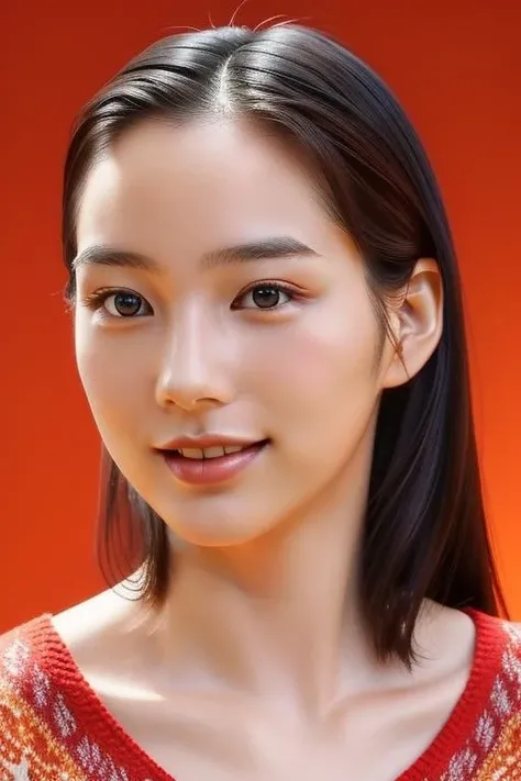 ((masterpiece)),1girl,(((upper_body))),bust shot,RAW photo,front view,smile,(detailed face:0.6),(high detailed eyes:0.7),photo realistic,(looking at viewer:1.5),standing,
<lora:nonv01-000008:0.8>,nounen,light orange background,simple background,black eyes,(forehead:1.5),fair skin,(pale skin:0.9),(messy hair:2.4),
(collarbonea:1.2),(over sized low gauge sweater:1.4),a geometric patterned sweater,((multi colored sweater)),high brand cloth,((Crew neck)),(makeup:0.6),